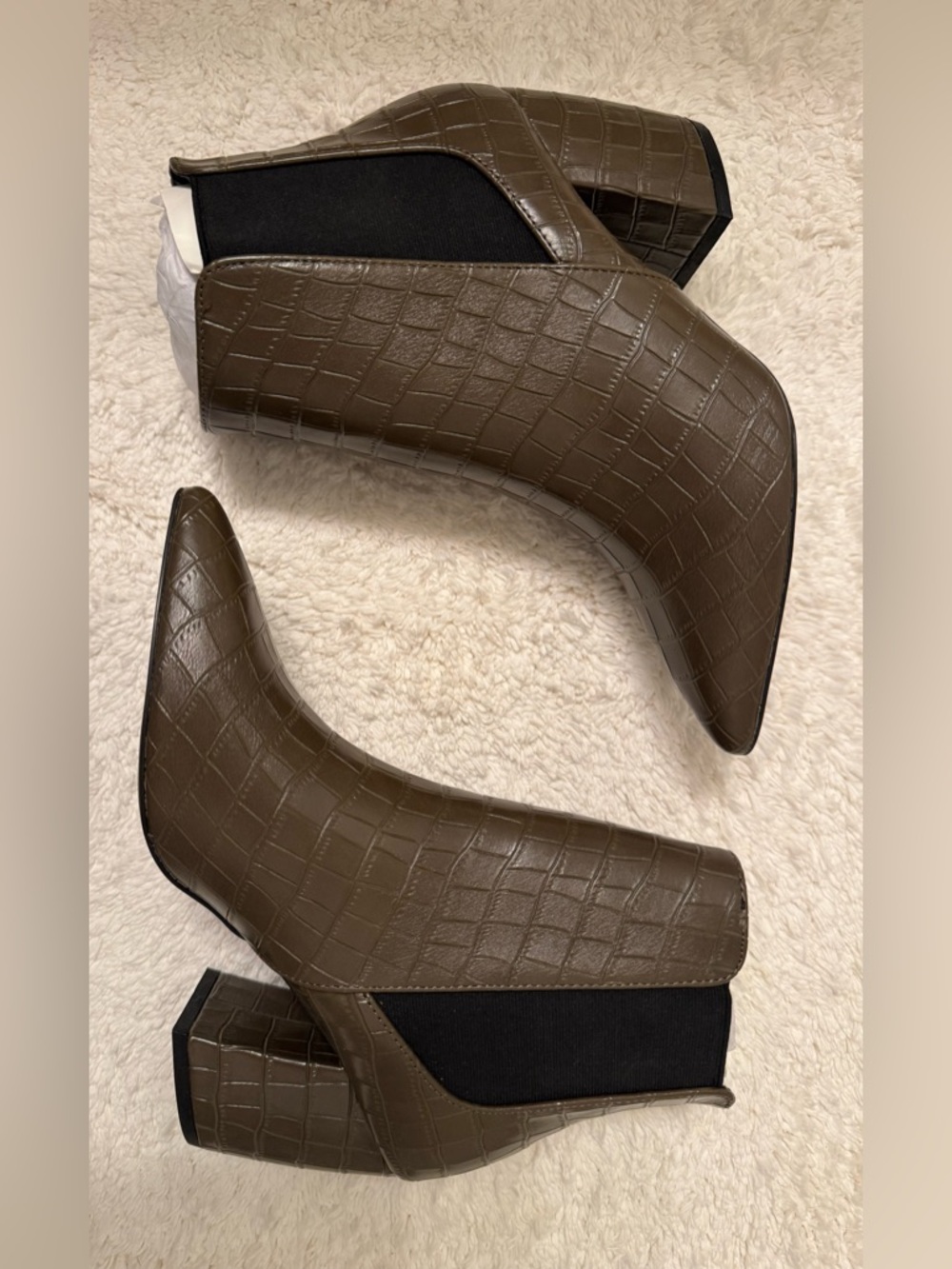 Lulu's Olive Brown Croc-Embossed Pointed Ankle Booties